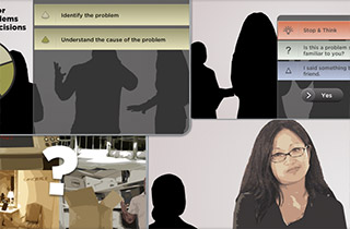 Lesson modules depict people in simulated real world job environments, interacting via dialog and work-scenarios.