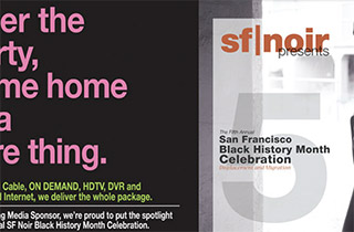 Front-and-back cover of the sf|noir program book from the 5th Annual Black History Month Celebration. The style is reminiscent of Blue Note Records from the 1950’s and 1960’s. Comcast was a major sponsor.